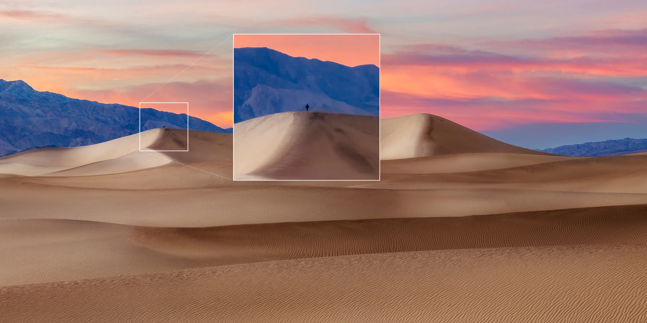 Arrakis, a desert dune panorama, with an inset showing the sand texture at full print resolution
