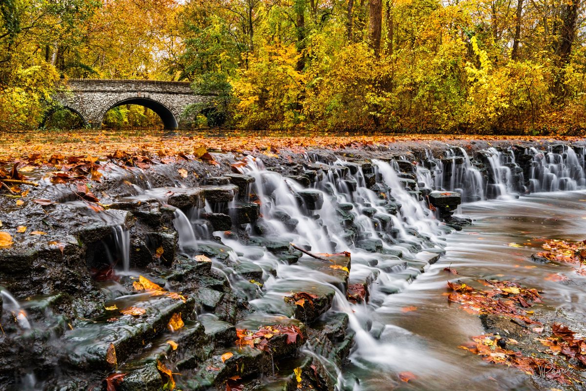 Small waterfall and bridge in autumn, Cincinnati, Ohio