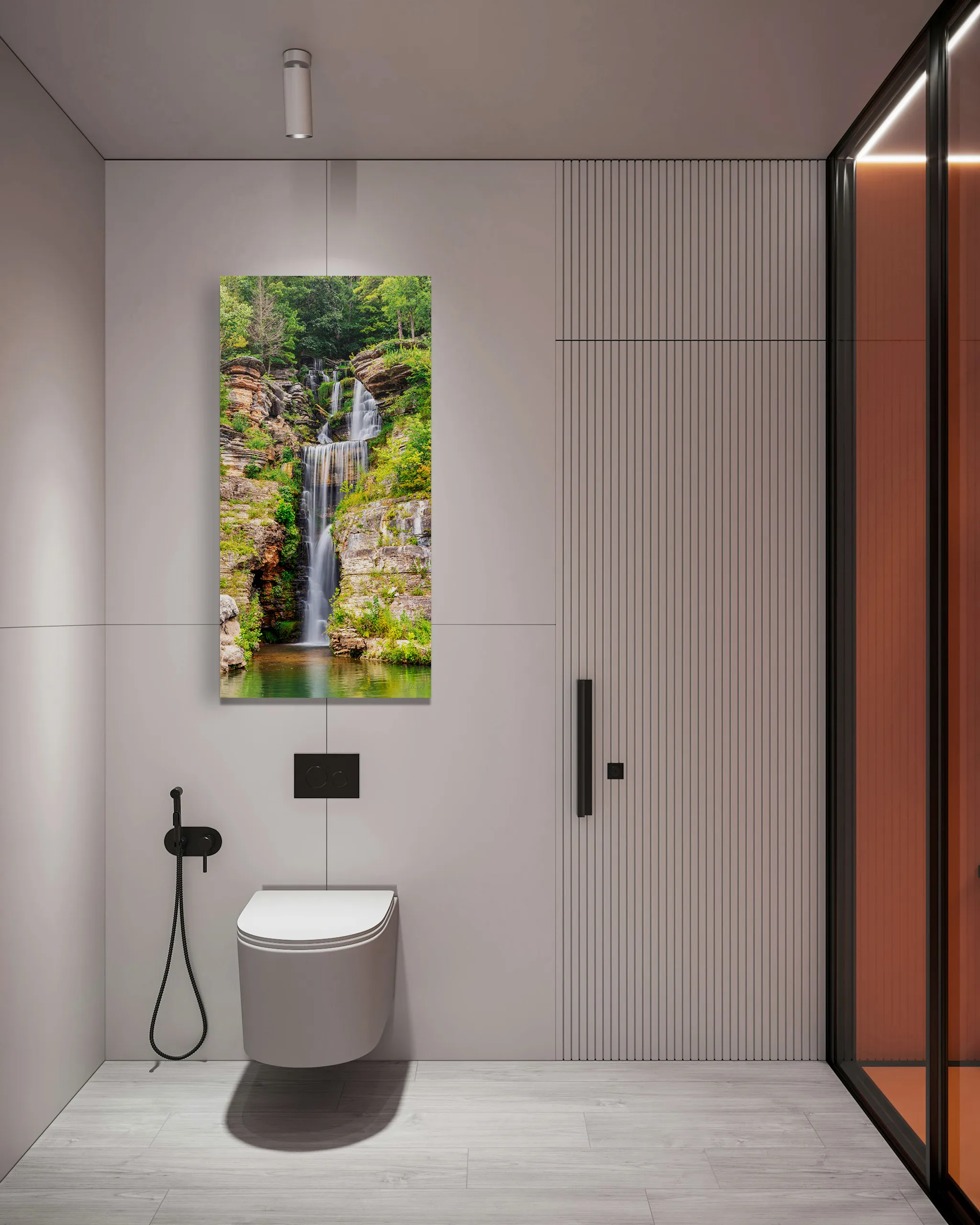 Arcadia, a vertical panoramic print, hung on a narrow powder room wall