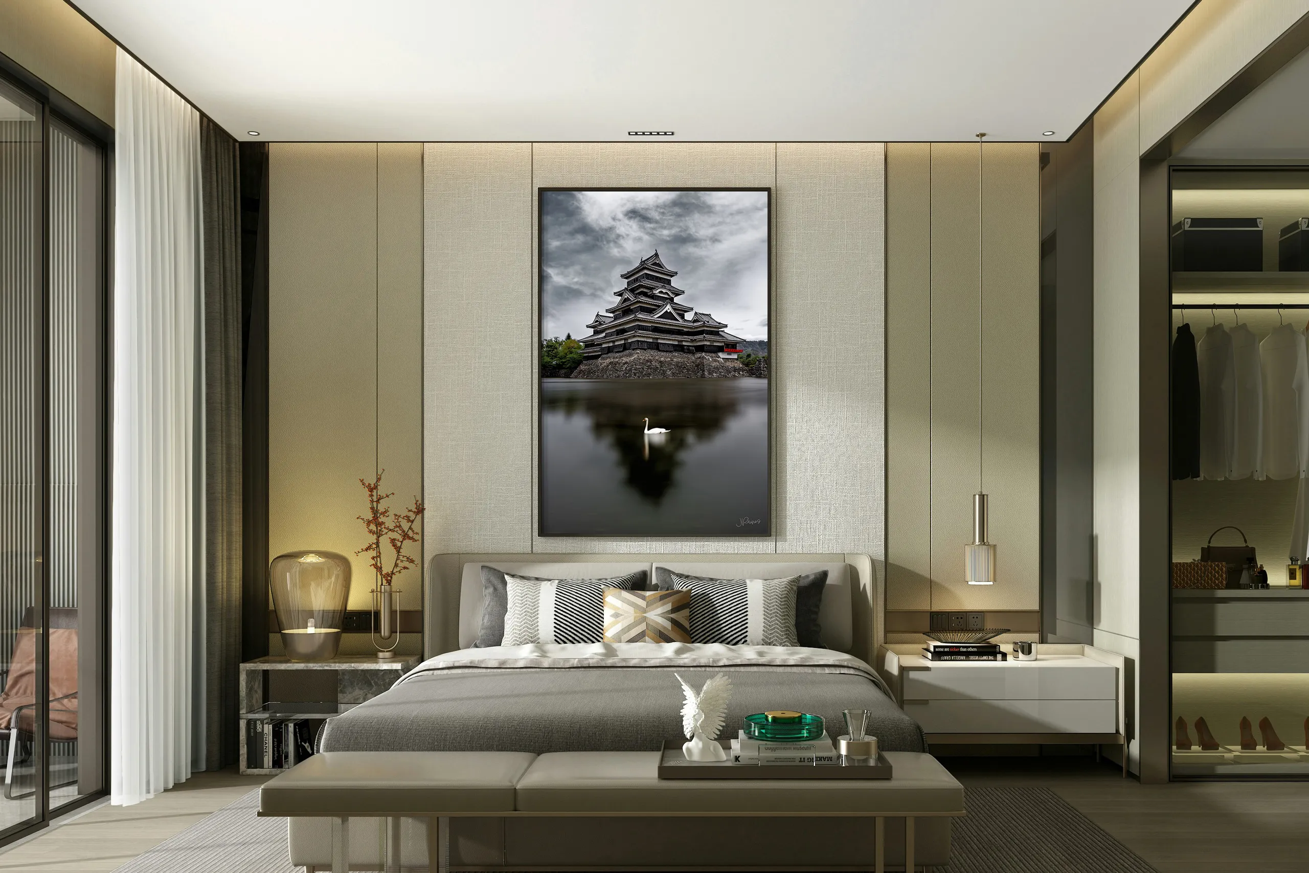 Black Swan, a black and white castle print, framed and hung above a bed
