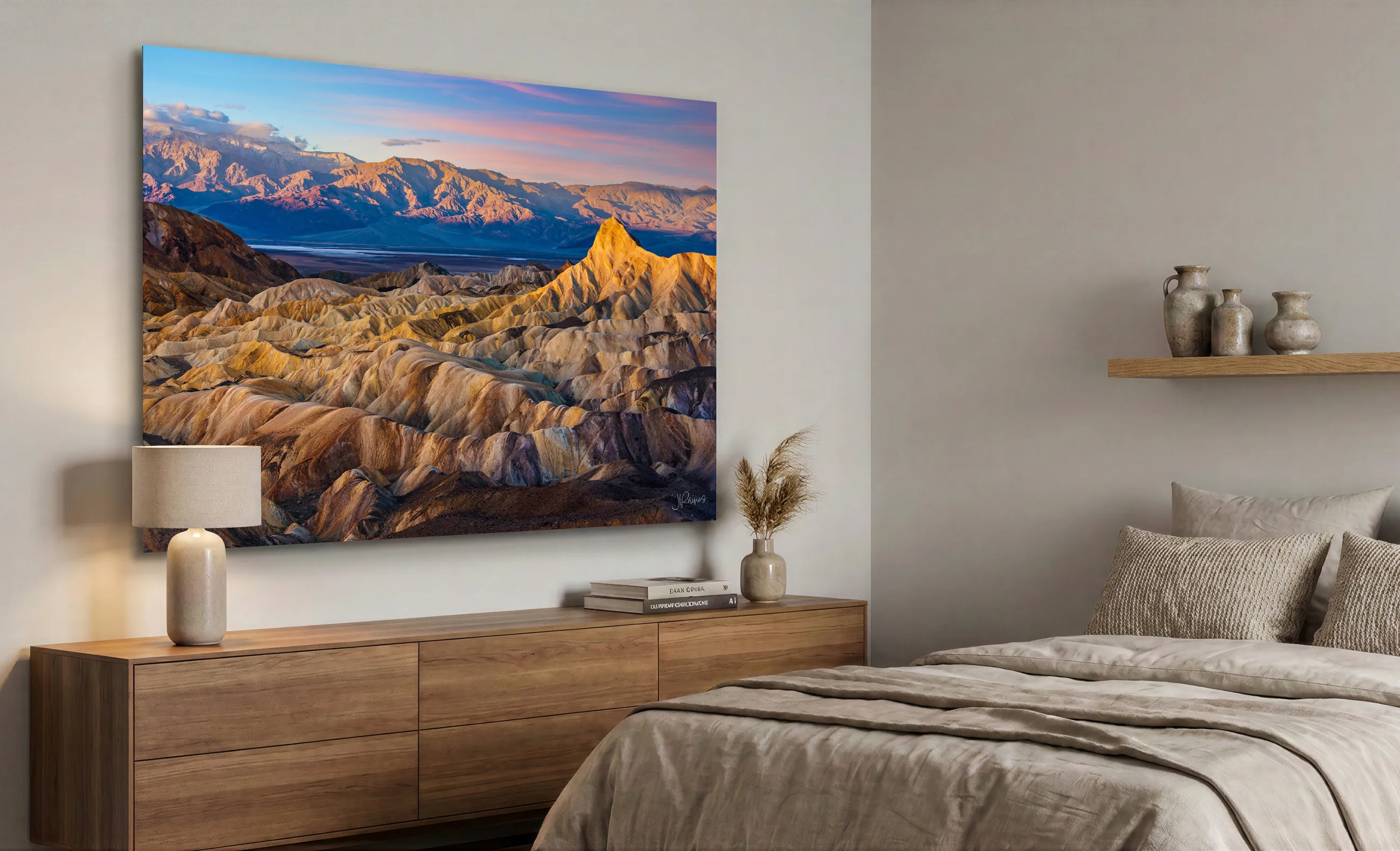 Ripples Through Time, a standard-format print, hung above a low bedroom credenza