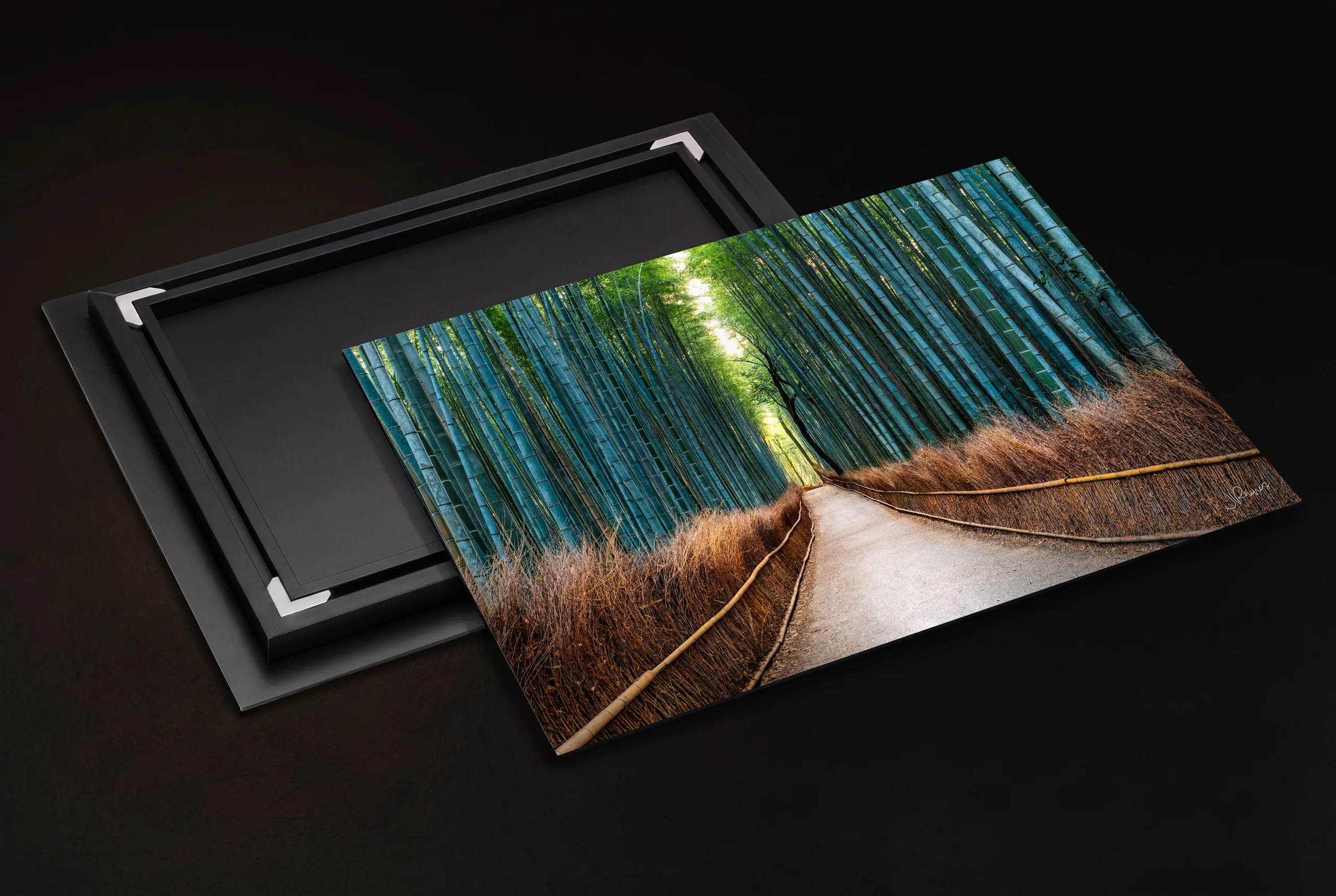 A Chromaluxe metal print shown front and back, with its rear float mount frame set beside it