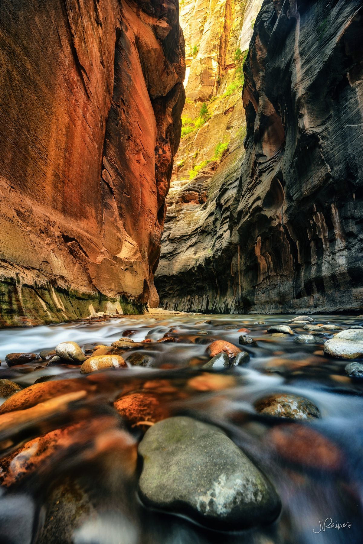 Sandstone walls of The Narrows converging above the Virgin River in Zion National Park