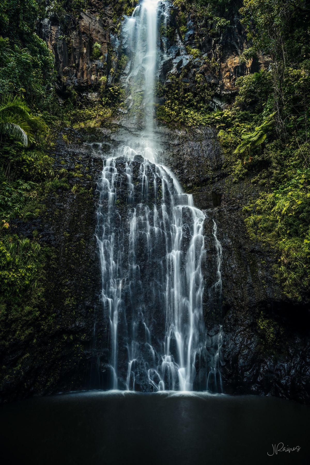 A waterfall dropping into a fern-walled grotto on Maui, Hawaii