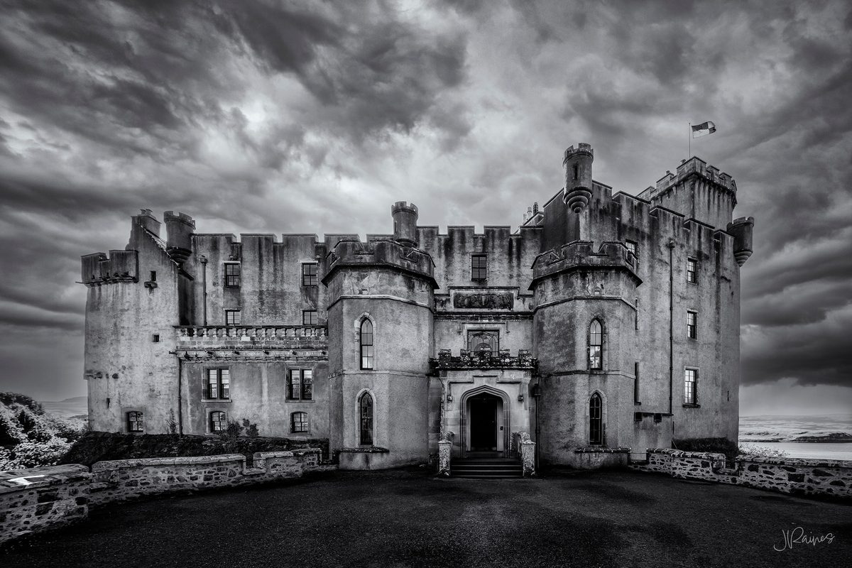 A castle on the Isle of Skye, Scotland, in black and white