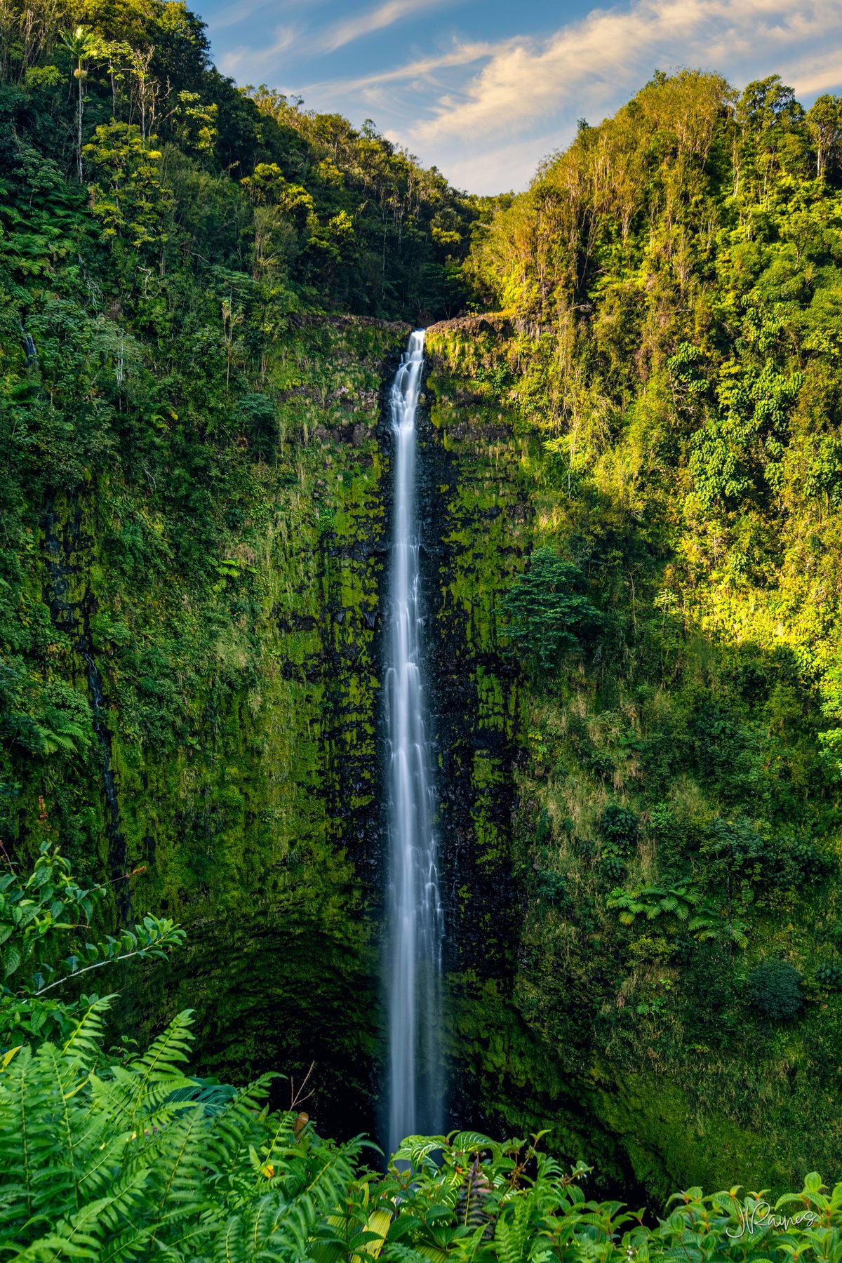 Akaka State Park waterfall in Hawaii near sunrise