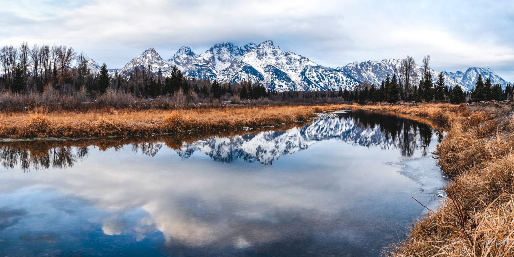 Teton Mountains at Schwabacher Landing and Snake River reflections