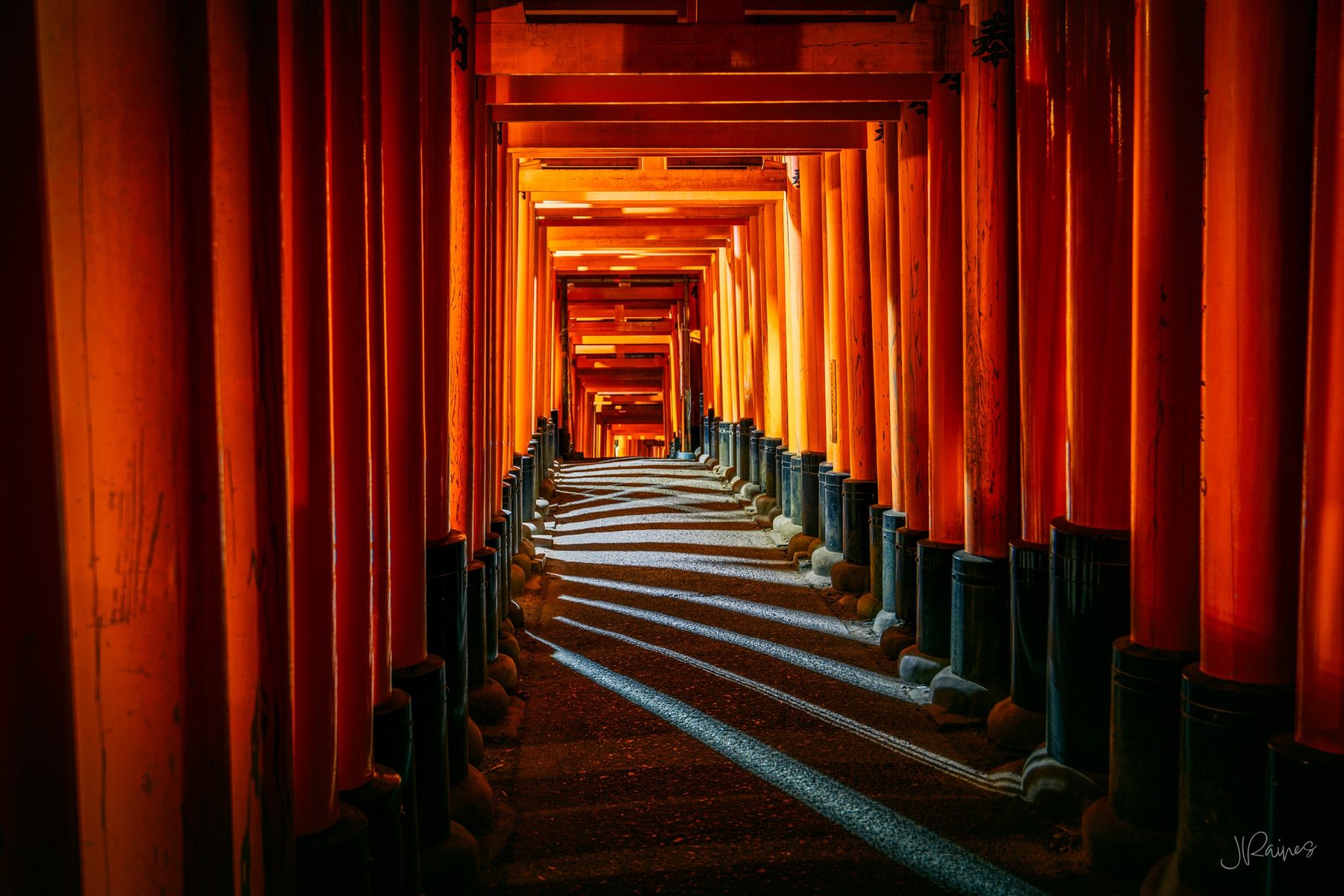 Fushimi Inari shrine at night with diagonal light, Kyoto, Japan