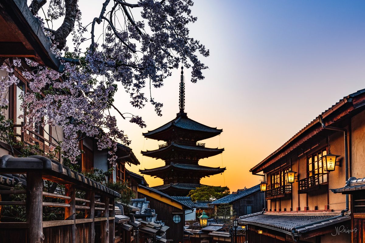 Street view of pagoda temple at sunset in Kyoto Japan