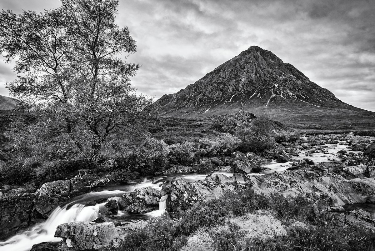 The peaks above Glencoe, Scotland, in black and white