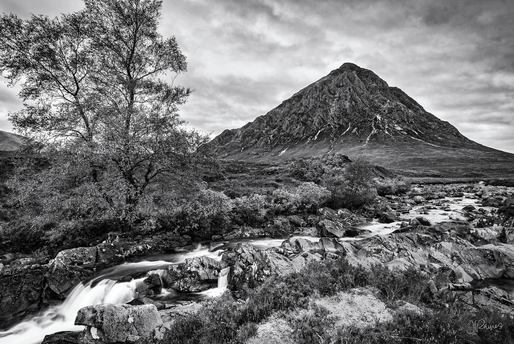 The peaks above Glencoe, Scotland, in black and white