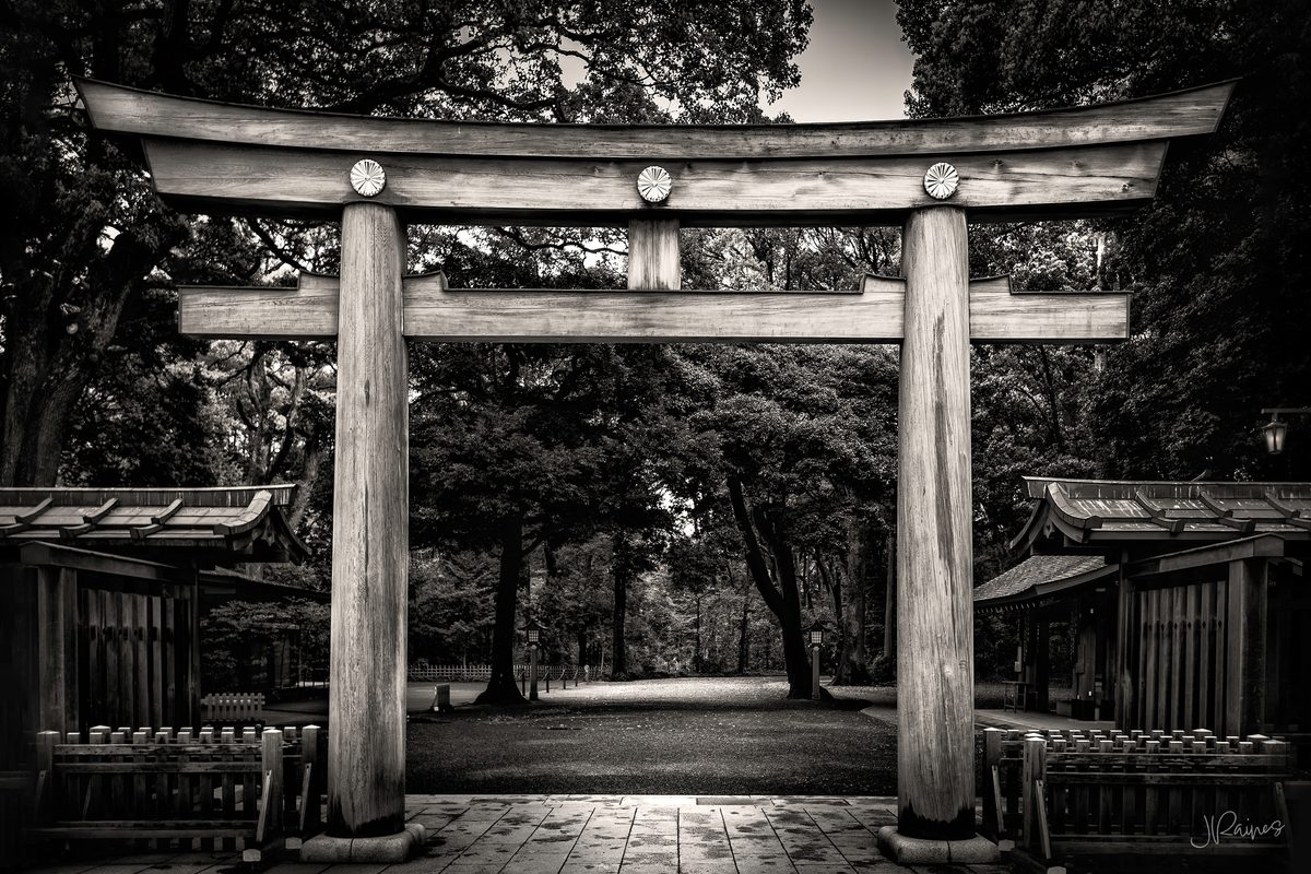 Inner torii gate at Meiji Jingu temple in Tokyo Japan