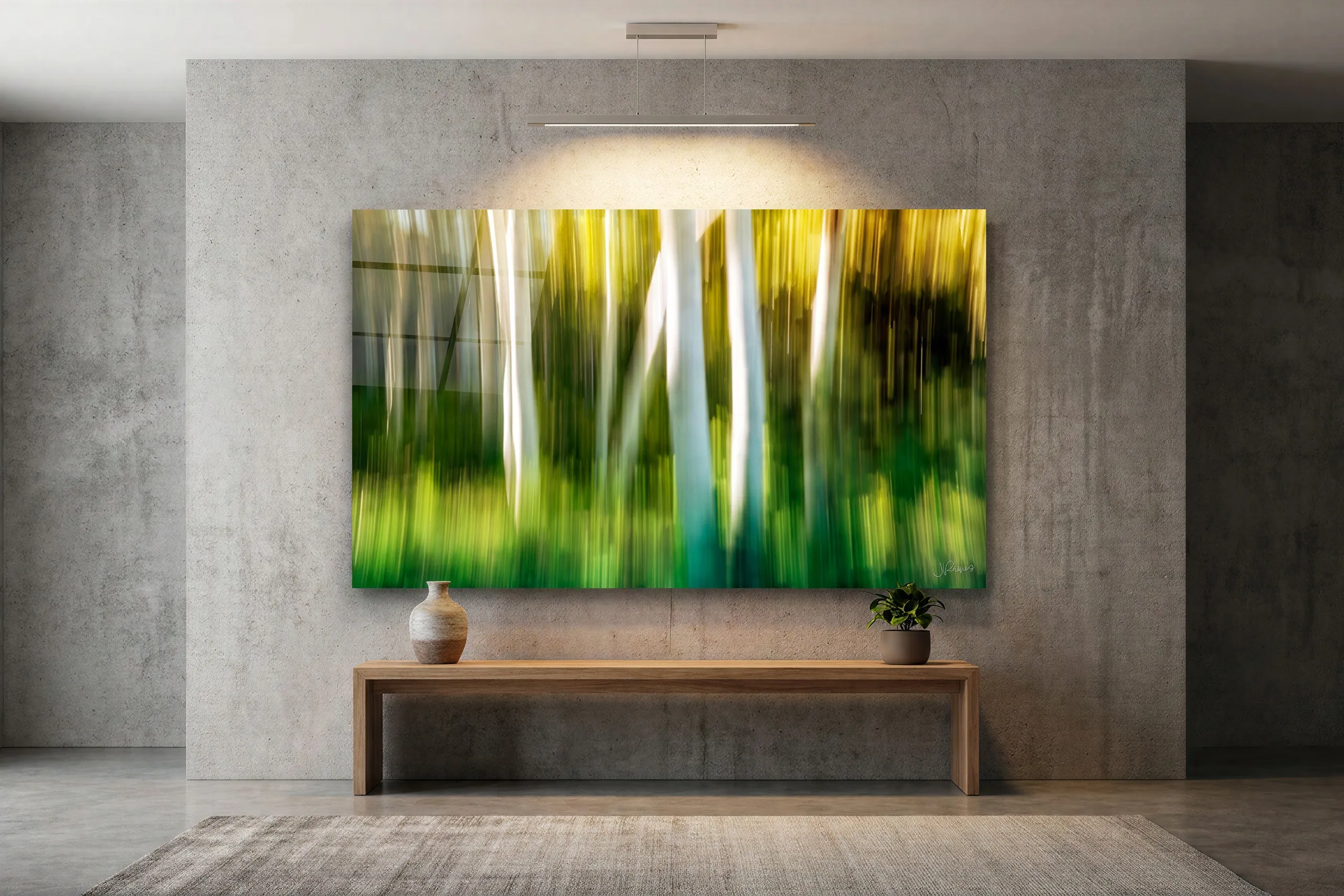 Half-Remembered Dream, a large abstract print, lit by a ceiling-mounted linear fixture angled down from well out from the wall