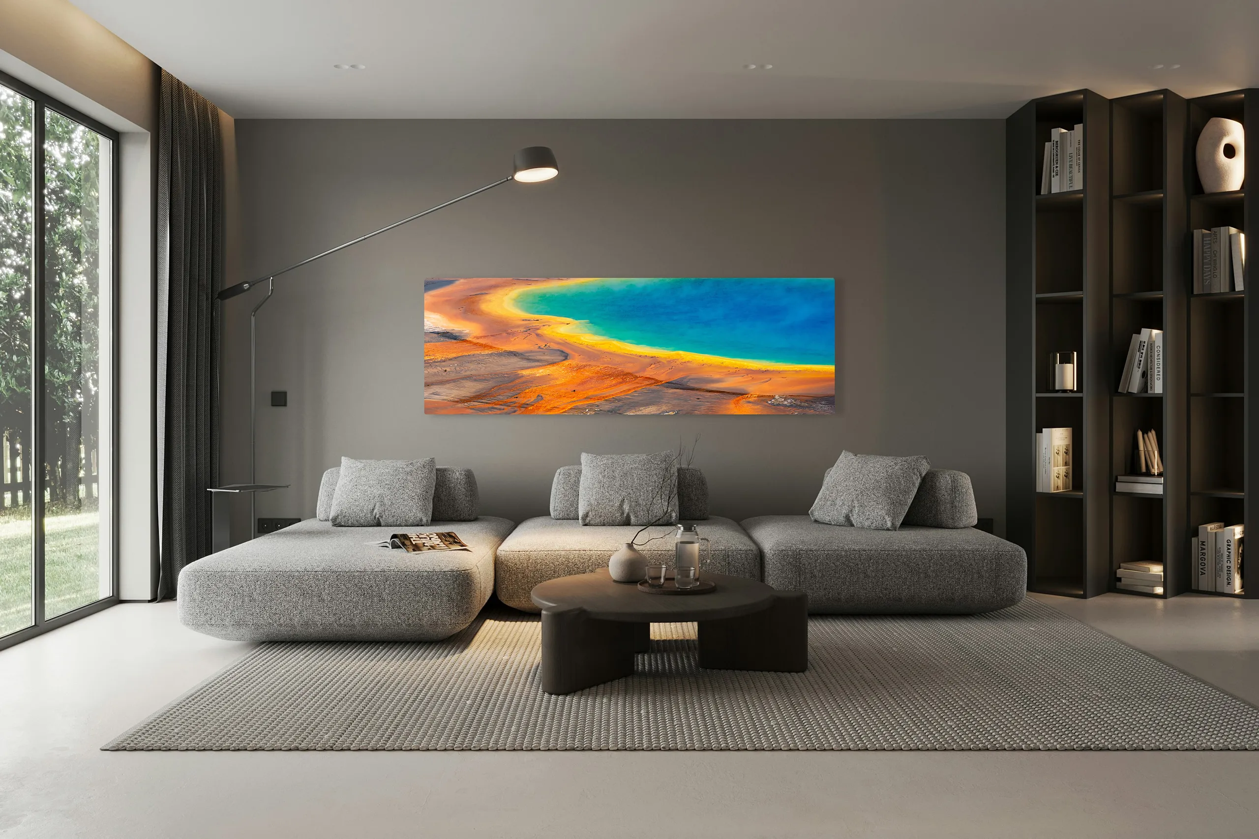 Gobstopper, a panoramic print, hung above a sectional sofa