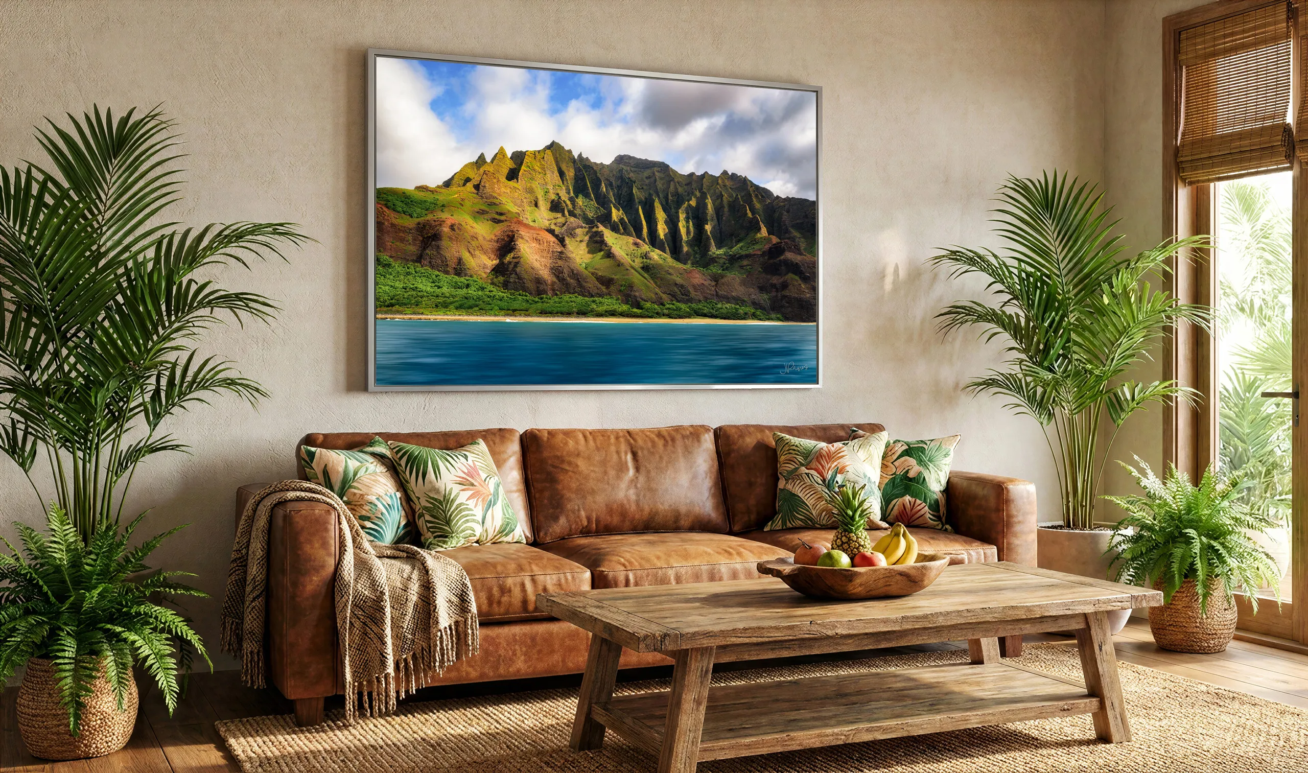 Land before Time, a framed print of a Hawaiian coastline, hung above a living room sofa