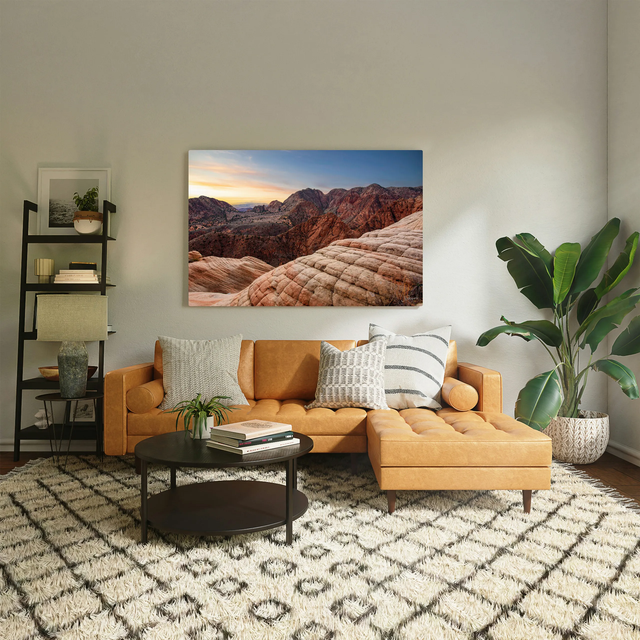 The Onion, a desert sunset print, hung above a leather sectional