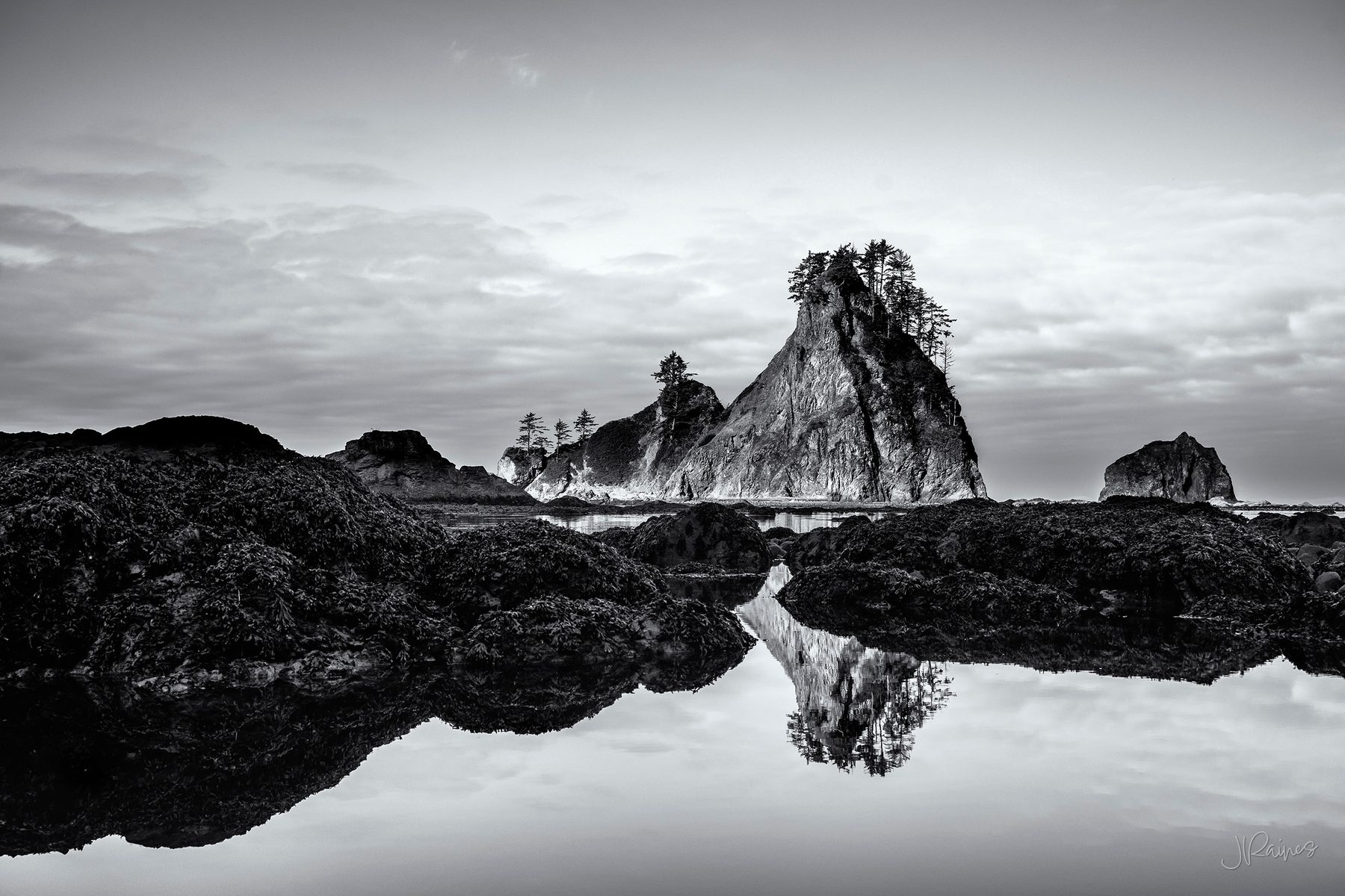 A sea stack standing off the Olympic coast in Washington, reflected in the flat water left behind by the tide