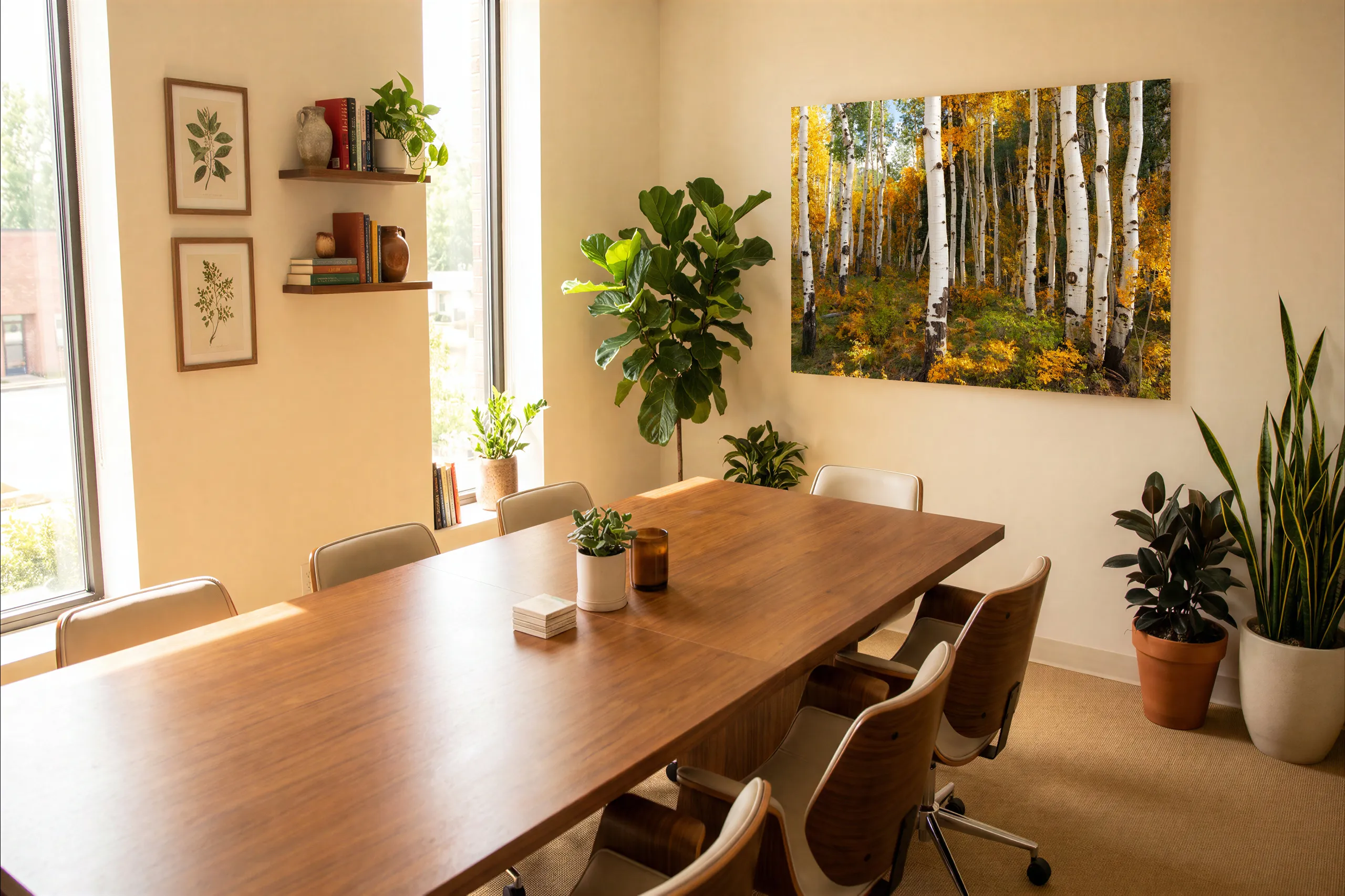 Radiant Grove, an aspen grove in autumn gold, visualized on the wall of a small conference room