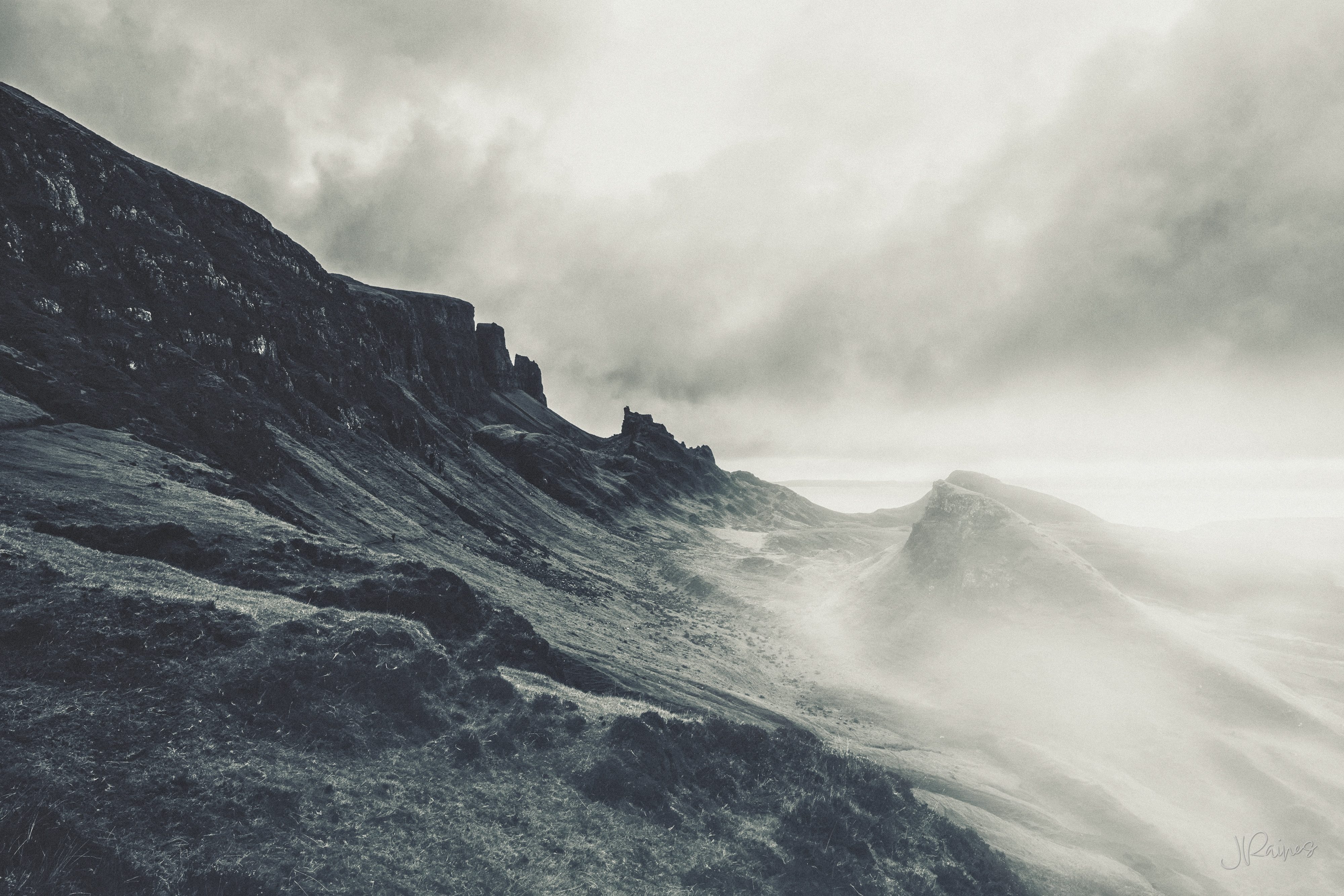 Foggy mountains at the Trotternish Ridge on the Isle of Skye