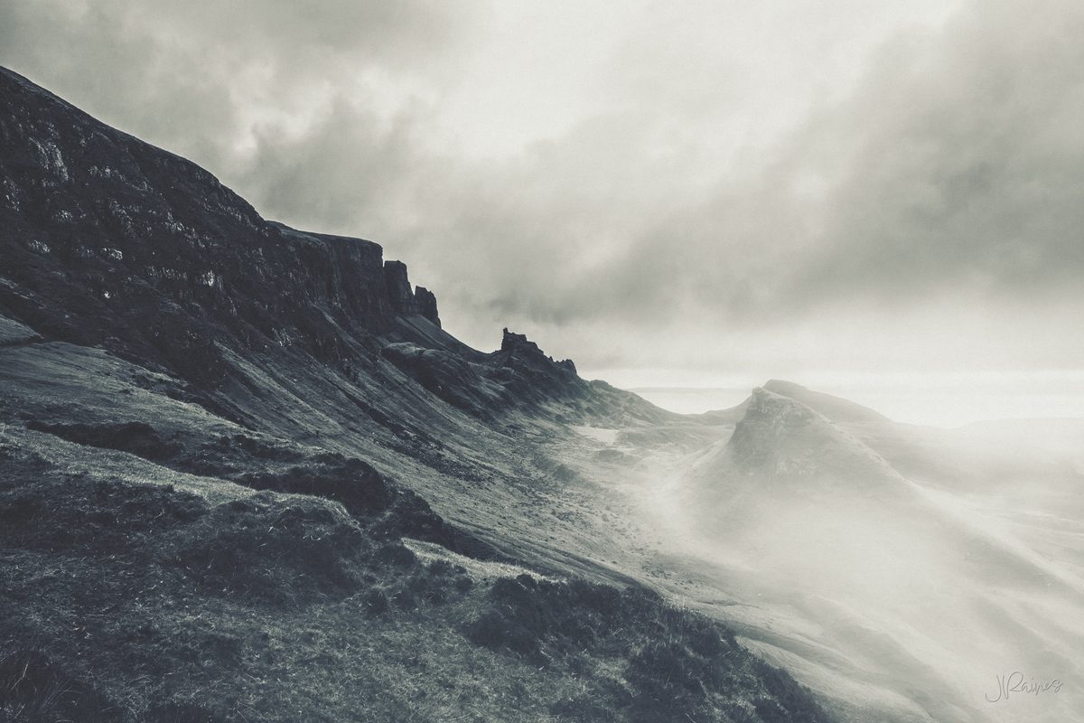 Foggy mountains at the Trotternish Ridge on the Isle of Skye