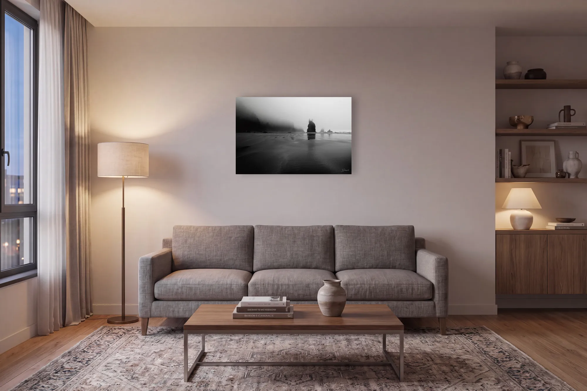 A 24 × 36 print over an 82-inch sofa — 44% of the width. Much too small.