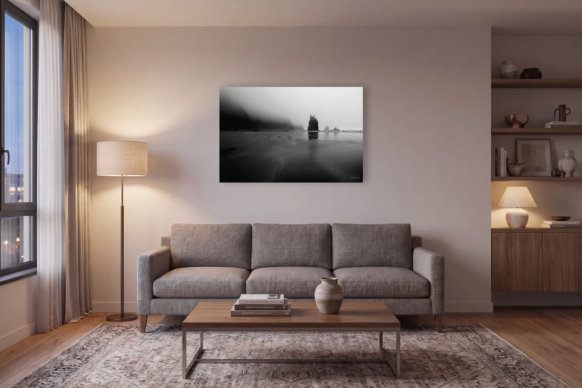 A 30 × 45 print over an 82-inch sofa — 55% of the width. Too small.