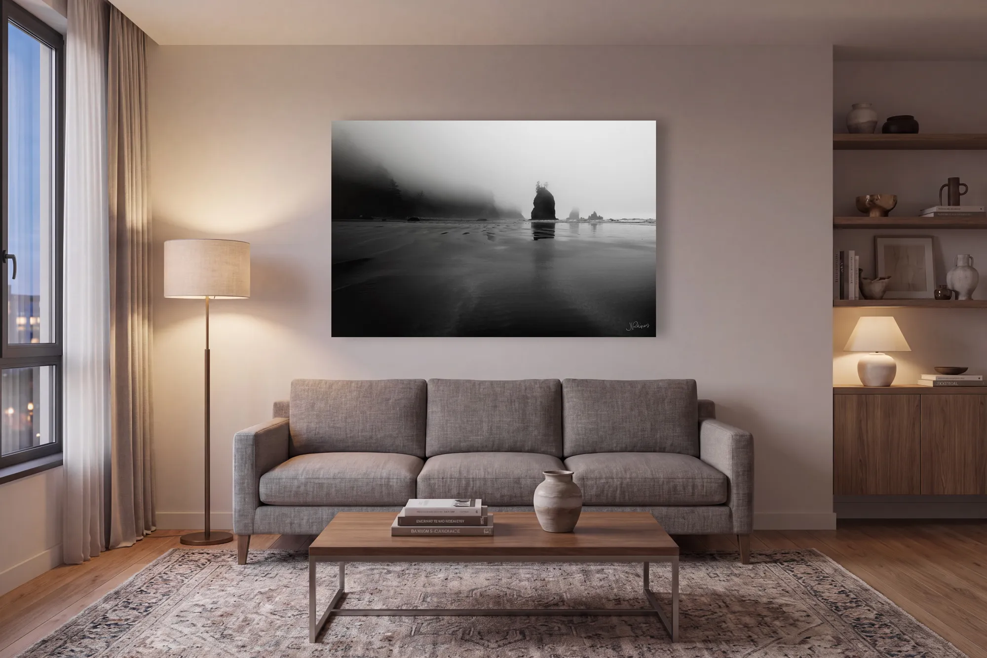 A 40 × 60 print over an 82-inch sofa — 73% of the width. Perfect size.