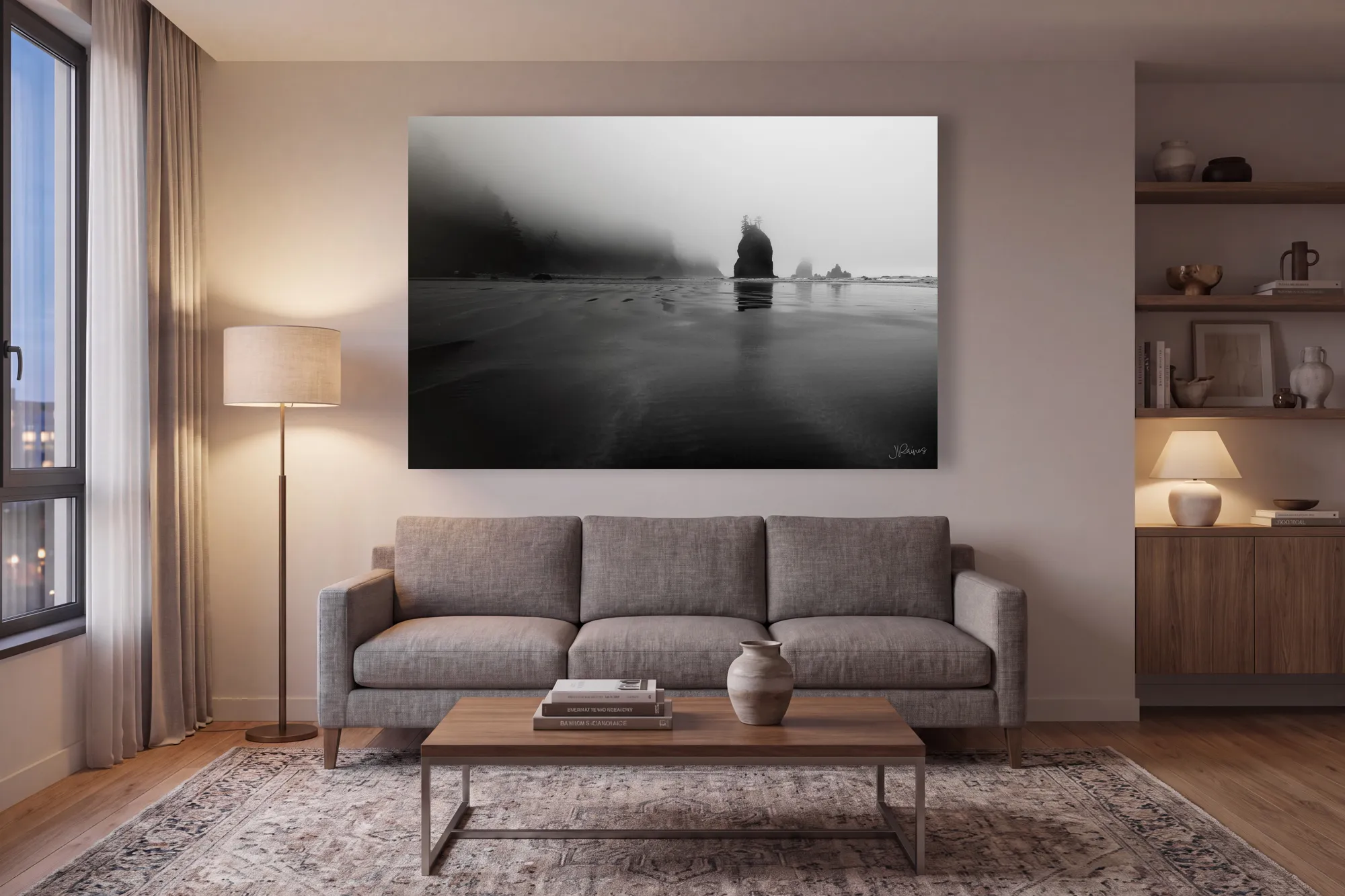 A 48 × 72 print over an 82-inch sofa — 88% of the width. Too large.