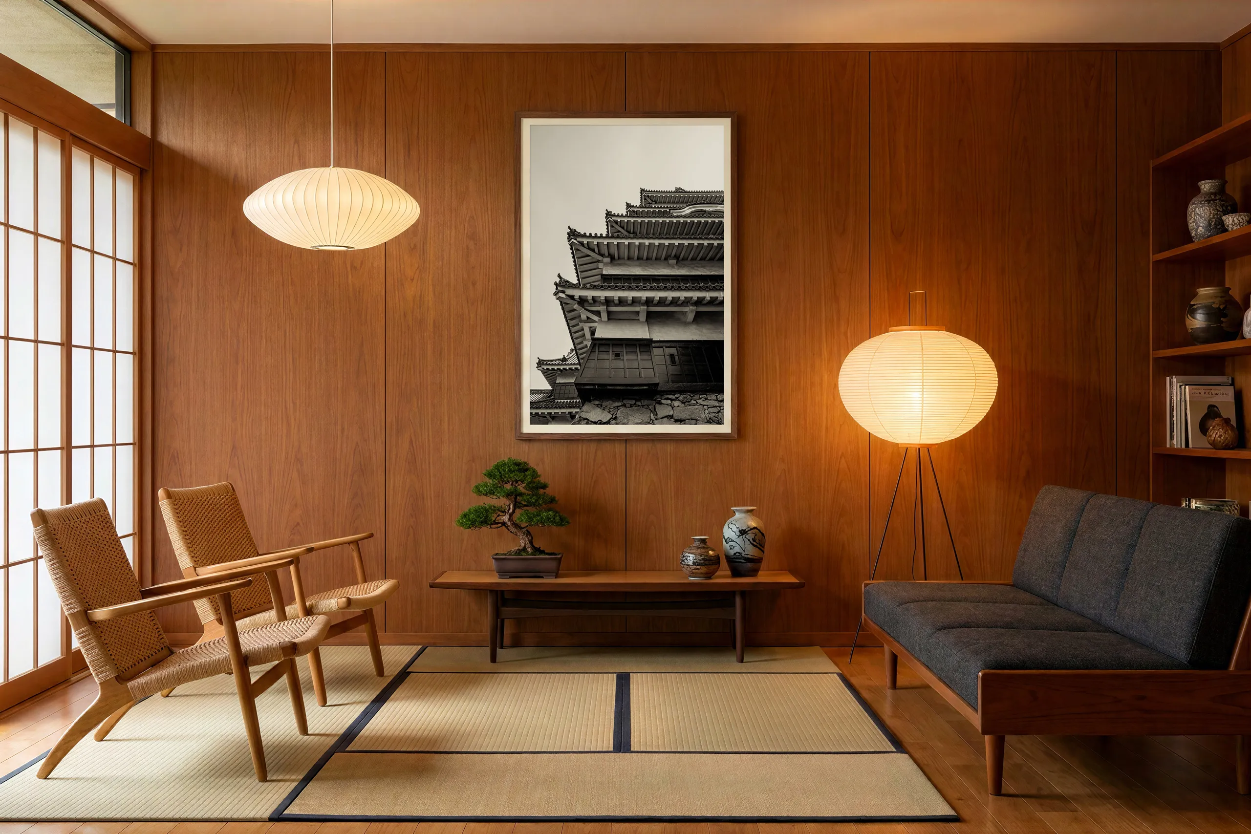Invasion Force, a black and white castle print, simply framed and hung in a wood-paneled study
