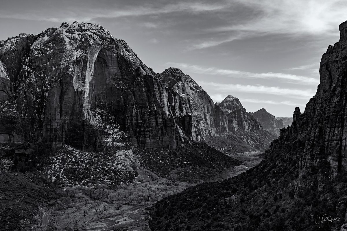 High canyon walls and winding valley of Zion