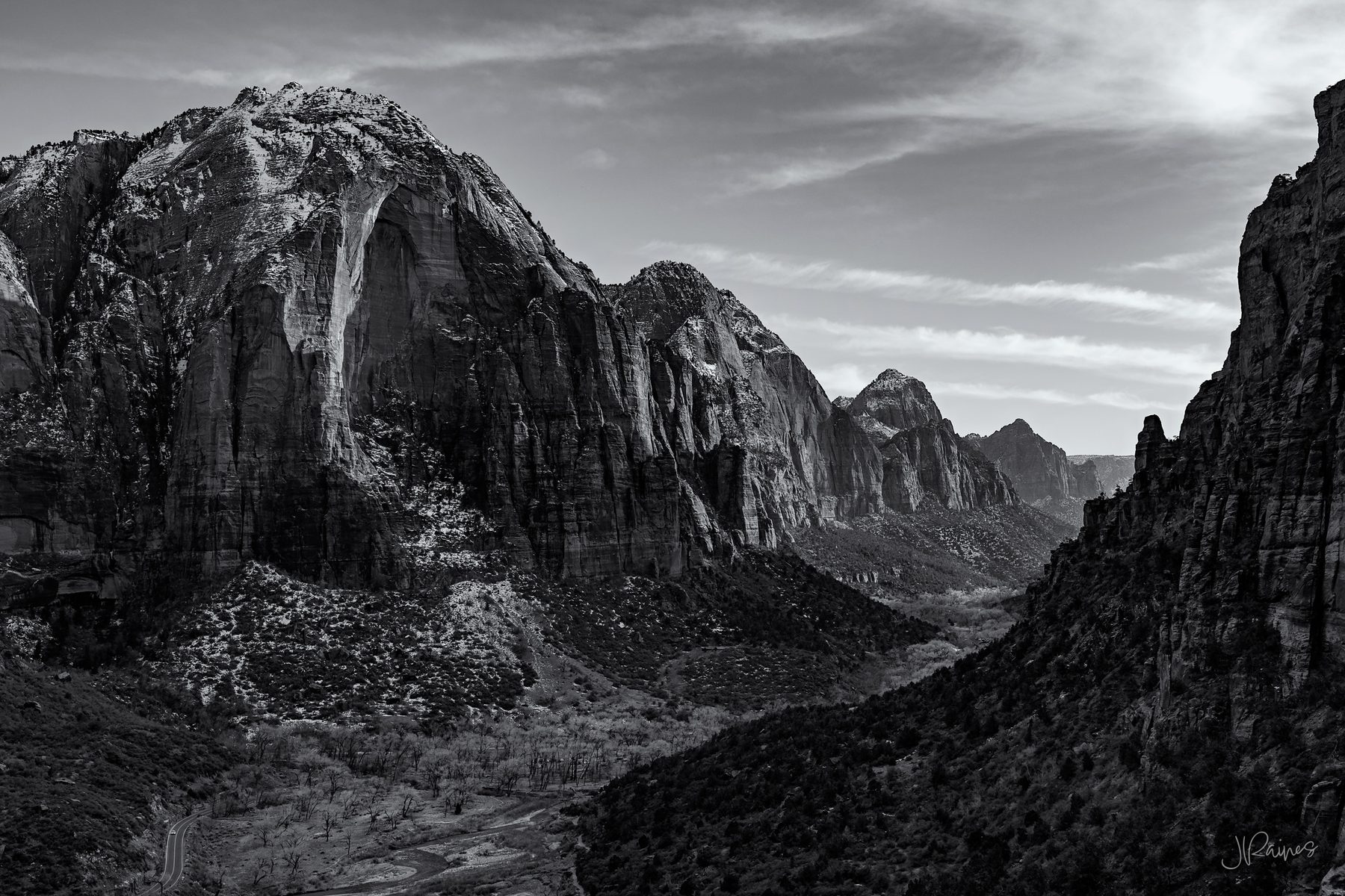 High canyon walls and winding valley of Zion
