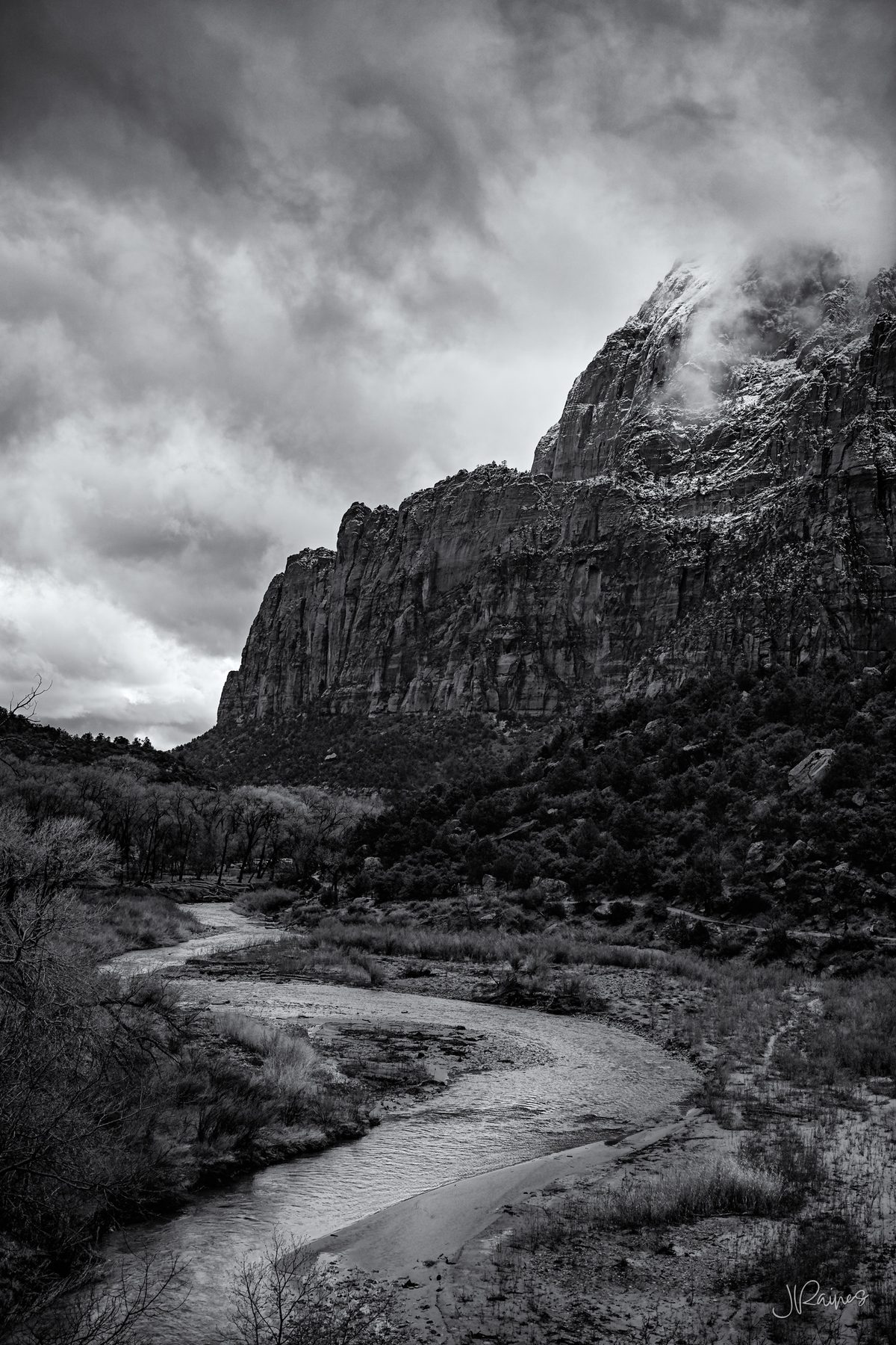 Winding Virgin River in Zion National Park during winter