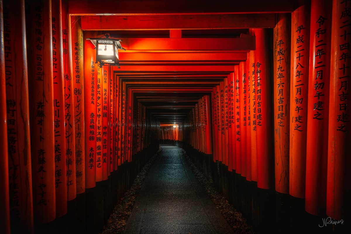 Fushimi Inari Shrine at night with lanterns, Kyoto, Japan
