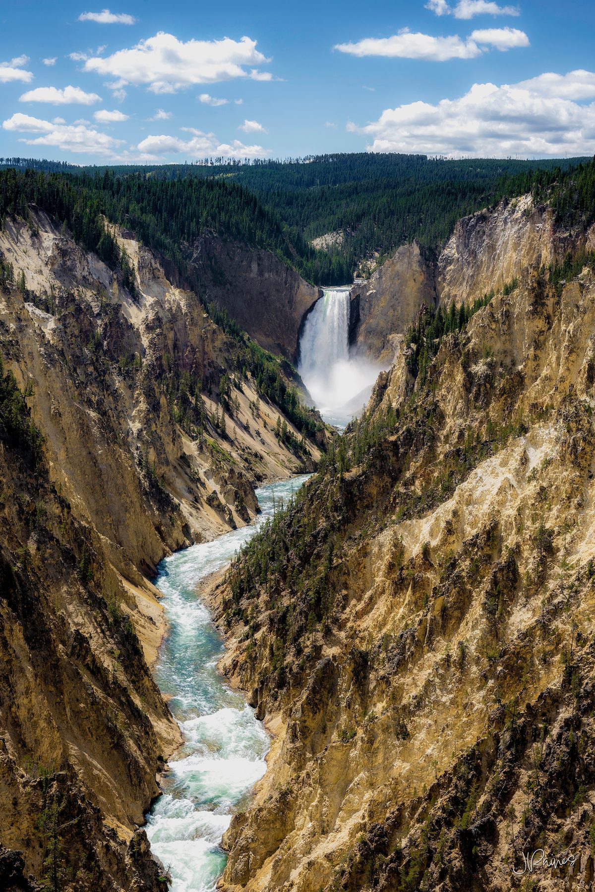 A waterfall dropping into the green gorge in Yellowstone National Park